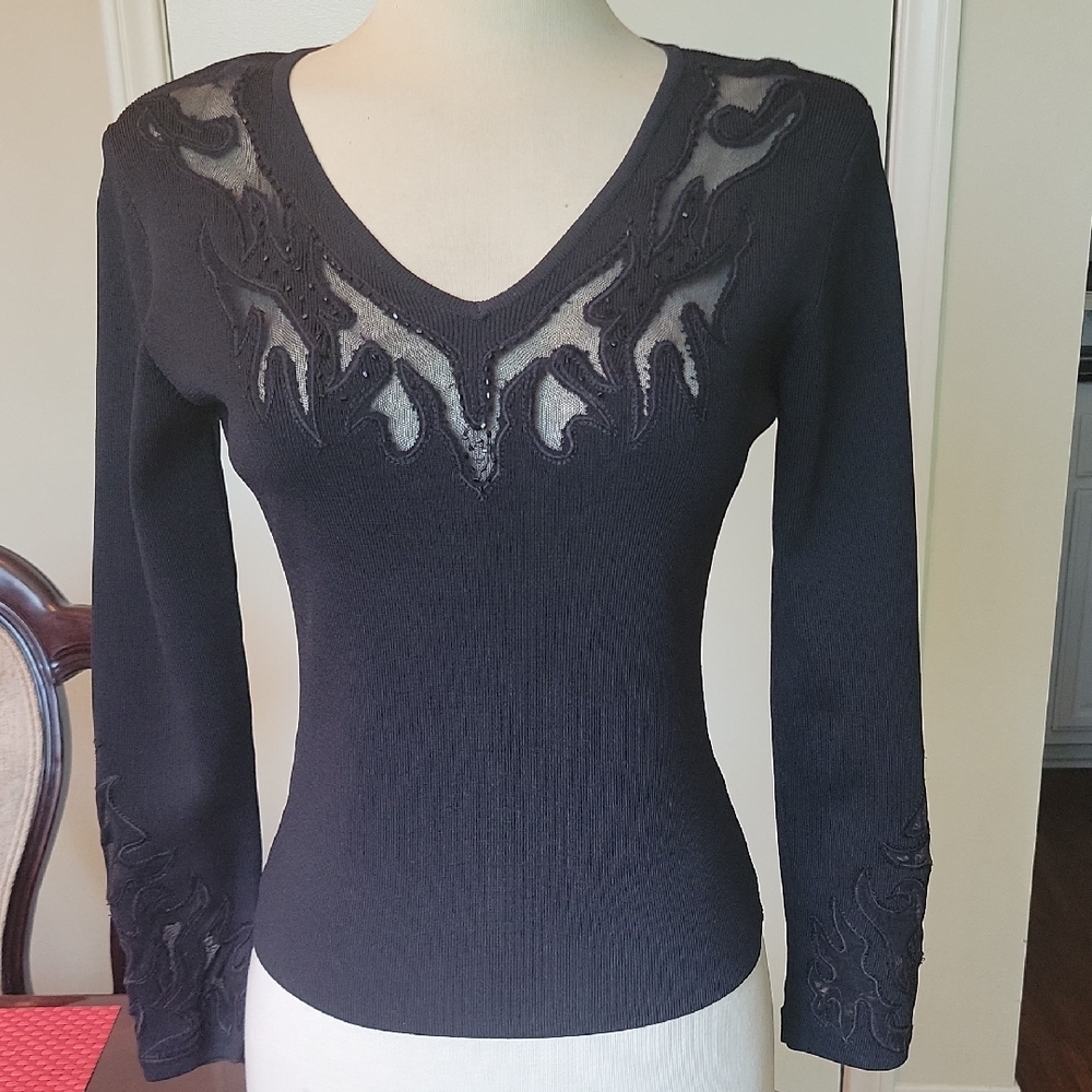 Chic Black V-Neck Sweater with Lace Detailing